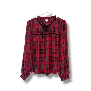 J Crew Red Plaid Long Sleeve High Neck Blouse Ruffle Velvet Trim Women's Size Sm